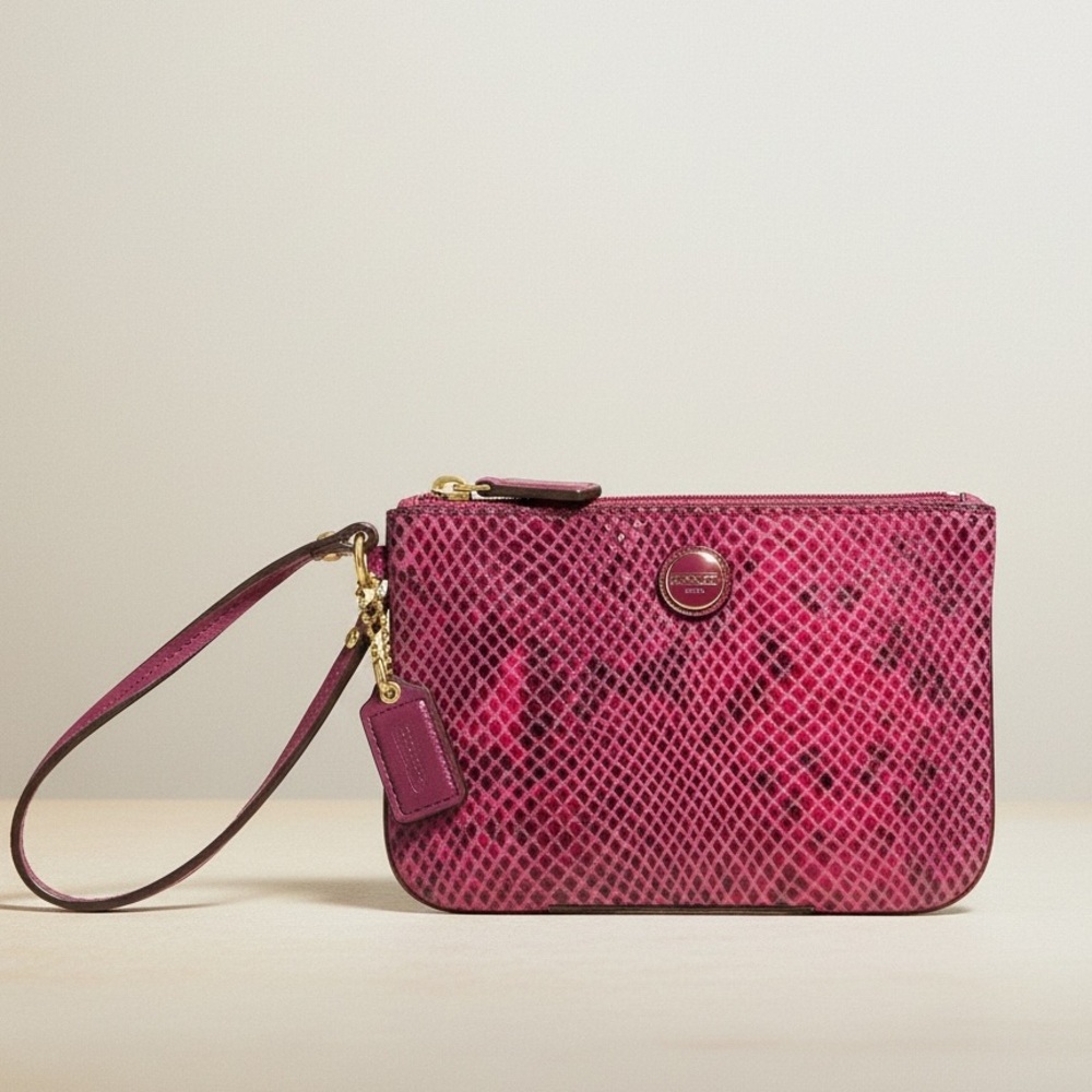 Coach Women's Python Leather Wristlet in Raspberry with Satin Interior